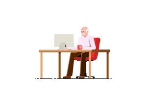 Happy old man using computer with red mug on isolated background, Vector illustration.