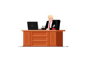 jefe trabajando a escritorio con ordenador portátil en aislado fondo, vector ilustración.