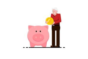 ahorro dinero a el futuro concepto, mayor hombre participación moneda con cerdito banco en aislado fondo, vector ilustración.