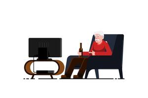 antiguo hombre relajante en sofá silla con cerveza botella, televisión en aislado fondo, vector ilustración.