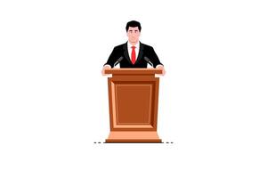 Businessman speaking public speaker with podium stand on isolated background, Vector illustration.