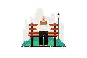 antiguo hombre mecanografía ordenador portátil en banco al aire libre parque con ciudad fondo, vector ilustración.