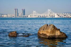 Gwangan Bridge and skyscrapers in Busan, South Korea photo