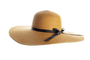 Womens summer yellow straw hat with black ribbon on white background photo