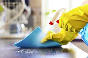 Housewife in yellow gloves wipes dust using spray detergent and rag photo