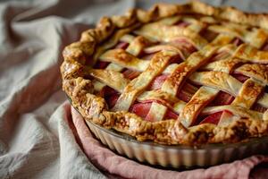 AI generated Freshly baked rhubarb pie with a golden crust. Generative AI photo