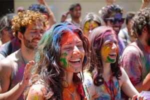 ai generado vibrante reunión a holi festividad foto