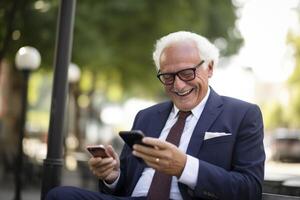 AI Generated Joyful senior man texting on phone in urban setting. photo