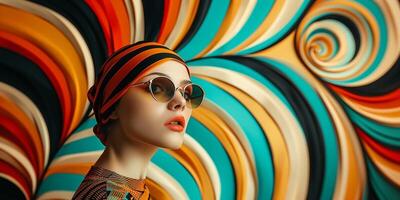 AI generated Stylish woman with a colorful headscarf and round sunglasses posing against a vibrant abstract swirl backdrop, evoking a contemporary, multicultural fashion aesthetic photo