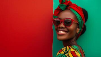 ai generado africano mujer con un vibrante Pañuelo y rojo Gafas de sol, sonriente en contra un medio rojo, medio verde antecedentes con Copiar espacio para texto foto