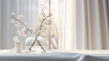 AI generated Empty white counter table, soft, smooth blowing sheer fabric curtain drapery photo