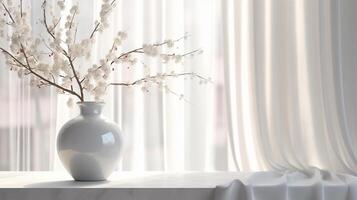 AI generated Empty white counter table, soft, smooth blowing sheer fabric curtain drapery photo