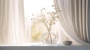 AI generated Empty white counter table, soft, smooth blowing sheer fabric curtain drapery photo