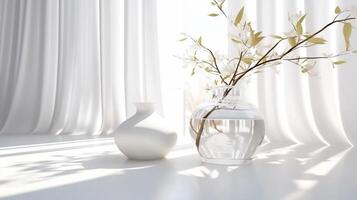 AI generated Empty white counter table, soft, smooth blowing sheer fabric curtain drapery photo