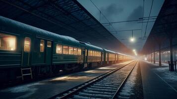 ai generado pasajero tren en el vacío estación foto