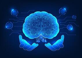 Artificial intelligence technology The hand holding the brain inside is a technological circuit. Shows AI technology that was created to help with analytical thinking. and human work vector