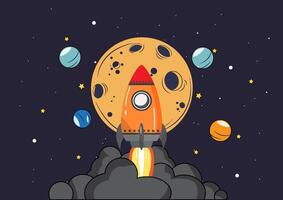 dibujos animados vector ilustración de un cohete lanzamiento desde un lanzamiento almohadilla, ascendente hacia el luna, rodeado planetas emoción de espacio exploración, Perfecto para Ciencias diseños y educativo