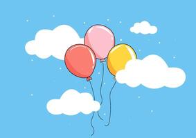 Cartoon vector illustration of colorful balloons floating in the sky with fluffy white clouds. artwork captures the joyous atmosphere of a sunny day, perfect for celebration designs and cheerful