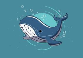 Cartoon vector illustration of a whale swimming with bubbles rising above. This playful artwork captures