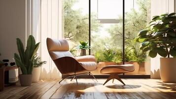 AI generated Modern mid century and minimalist interior of living room photo