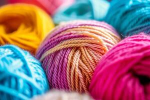 AI generated Cozy variety of colorful yarn for knitting and unfinished knitted work. The concept of hobby and comfort. Generative AI photo