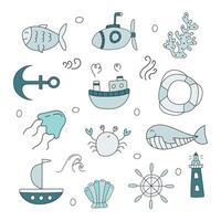 Marine set. Vector illustration in doodle style.