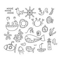 Marine set. Vector illustration in doodle style.