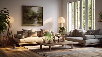 AI generated Interior of light living room with grey sofas and wooden coffee table photo