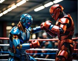 ai generado robots boxeo partido en boxeo guantes, artificial inteligencia concepto, ai, fondo, cyborg lucha, foto