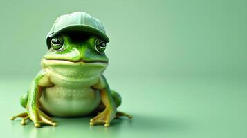 AI generated Cute little green frog wearing baseball hat isolated on green background, animals and wildlife template with copy space area, wallpaper, banner photo