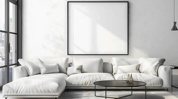 AI generated Modern industrial living room interior design, 3d render,  cosy sofa bed wit white blank empty photo frame on the wall, copy space area, architecture background