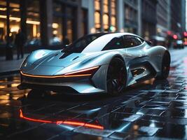 AI generated Modern futuristic sport race car in city street at night, auto background, automotive wallpaper, template with copy space area photo