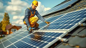AI generated Construction worker in yellow safety hat working  on solar panels, green renewable energy concept, photo