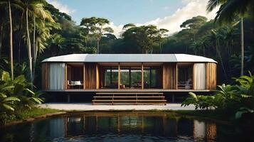 AI generated Modern capsule style concept house integrated in rainforest and nature, architecture background, eco green house photo