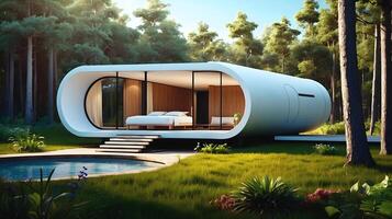 AI generated Modern architecture,  capsule style house with swimming pool concept built in nature and forest, background, wallpaper photo