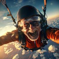 AI generated Portrait of funny elderly man skydiving, jumping out of plane, adventure adrenaline concept background, banner, template photo