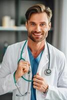 ai generado retrato de hermoso médico vistiendo blanco Saco y estetoscopio sonriente en hospital, palabra salud día fondo, medicina plantilla, foto