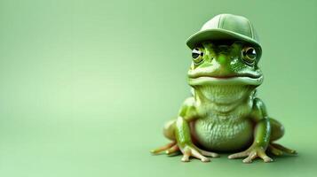 AI generated Cute little green frog wearing baseball hat isolated on green background, animals and wildlife template with copy space area, wallpaper, banner photo