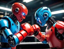 ai generado robots boxeo partido en boxeo guantes, artificial inteligencia concepto, ai, fondo, cyborg lucha, foto