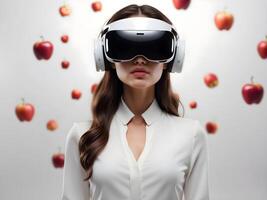 AI generated young woman wearing mixed reality headset, vr virtual reality futuristic technology concept, people and lifestyle, isolated on white background photo
