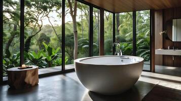 ai generado moderno baño con lujo spa bienestar bañera construido en naturaleza y bosque, arquitectura antecedentes foto