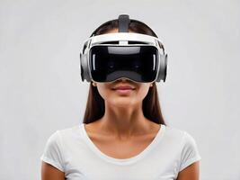 AI generated young woman wearing mixed reality headset, vr virtual reality futuristic technology concept, people and lifestyle, isolated on white background photo