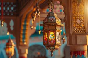 AI generated ornate ramadan lantern and an ornamental frame photo