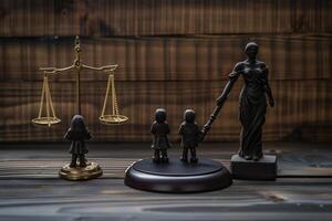 AI generated Family figures with judge's gavel and justice scales on dark wooden background photo