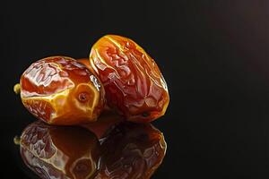 AI generated Juicy dates on a black reflective background photo