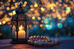 AI generated Lantern with burning candle and prayer beads on table against blurred lights photo