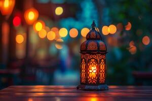 AI generated Abstract candle lantern light on wood table in blur bokeh pub restaurant dinner background concept for ramadan kareem night life photo