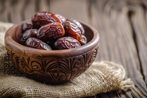 AI generated Gleaming Dates in a Carved Wooden Bowl on Burlap Cloth photo