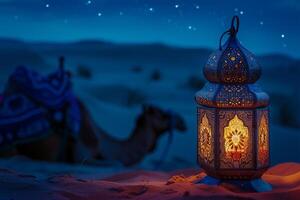 AI generated Lantern in the desert at night with camel, ramadan kareem banner background concept photo