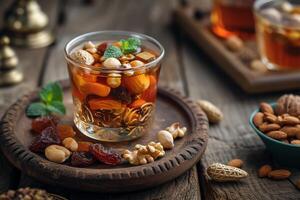 AI generated Blend dried fruits and nuts with Arabic tea photo